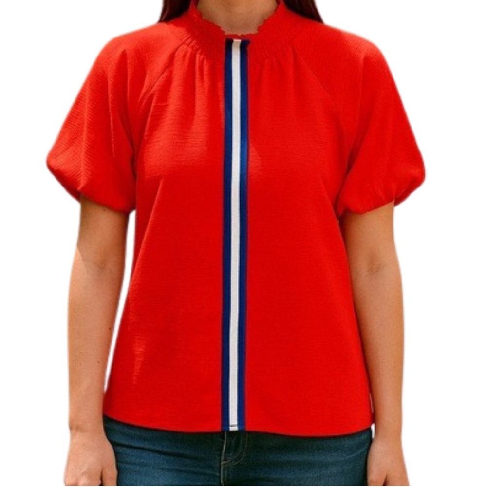 THML Orange Striped Puff Sleeve High Neck Top Size Small